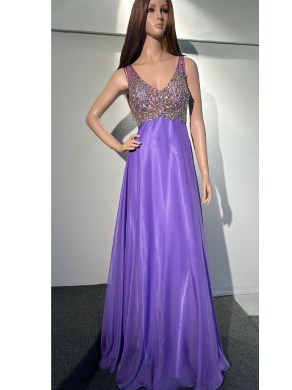 Lavender Beaded V-Neck Prom Gown